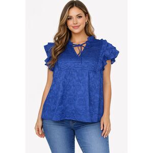 Women’s L Blue Ruffle Sleeves Floral Embroidery Short Sleeve Top 100% Cotton
